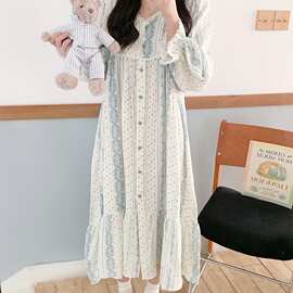 浅色蓝纹长袖长款宽松睡裙女韩系温柔简约春秋居家睡眠家居服批发