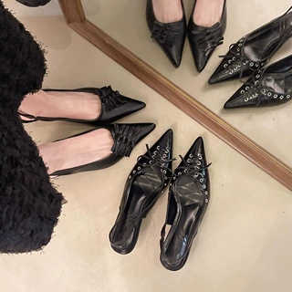 温柔尖头蝴蝶结包头凉鞋女2025春季新款女鞋细低跟后绑带浅口单鞋