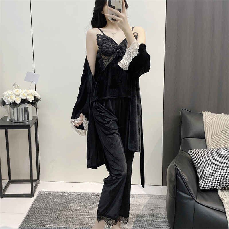 Autumn and Winter Internet Celebrity New Gold Velvet Belt Chest Pad Butterfly Strap Top Trousers Robe Three-piece Home Clothes for Hair