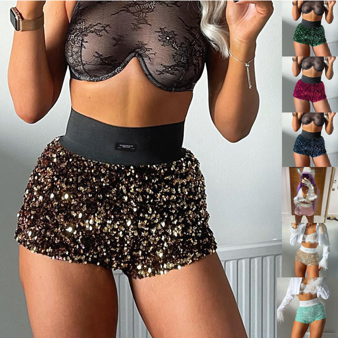 New European and American Spring Sexy Trendy Spice Girl Style Bar Party High Waist Slim Fit Fashionable Sequin Super Shorts