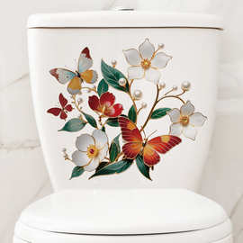 立体效果花朵浴室马桶盖墙贴画植物茶花墙面蝴蝶贴纸跨境代发墙贴