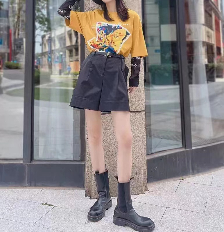 Quần short nữ cạp cao ống rộng dáng suông chất vải mỏng mùa hè — Màu đen chi tiết 9