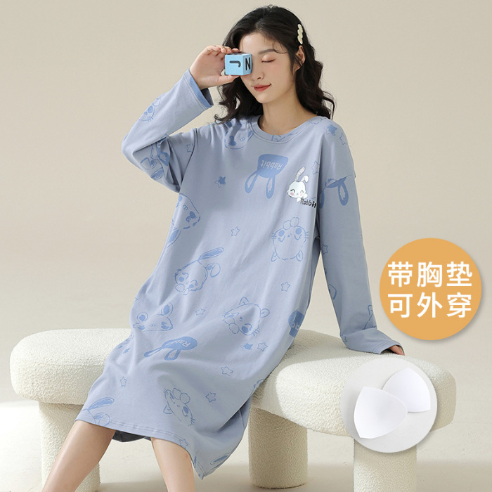 2024 pijama de primavera y otoño de mujeres cuello redondo pijama de manga larga estilo coreano delgado con cojín de pecho dibujos animados larga ropa de hogar encantadora