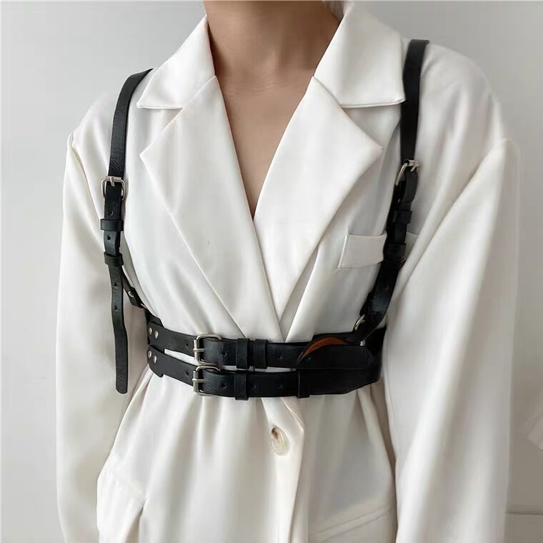 Punk Style Double Shoulder Strap Leather Vest Waist Seal Outer Wear Strap PU Belt Women's Matching Suit Coat dress