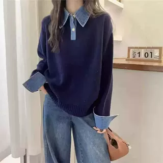 新款毛衣牛仔拼接假两件新品衫显瘦宽松长袖上衣套头别致设计感