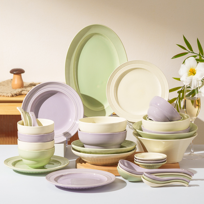 高颜值ins纯色小清新色釉拉丝螺纹餐具饭菜汤碗碟套装家用吃饭碗
