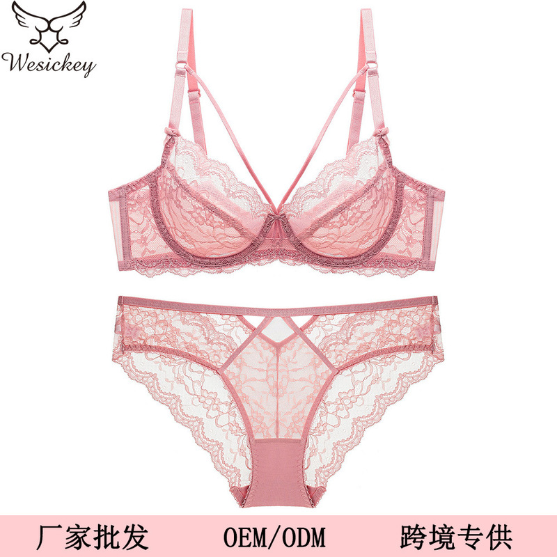 Sexy Lace Underwear Large Chest Small Anti-sagging Large Size Bra Set Ultra-thin Non-sponge Transparent Bra