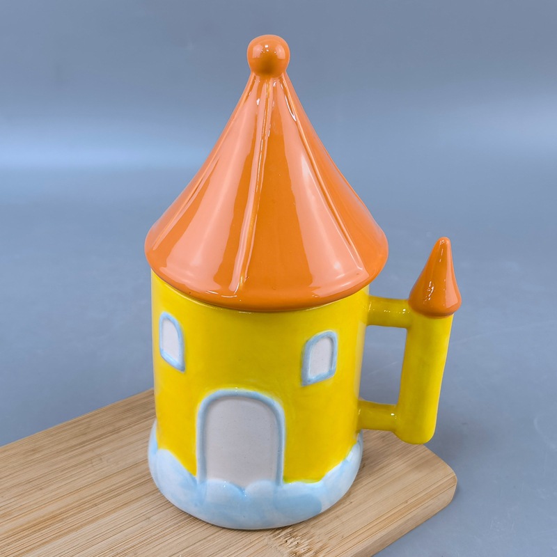 Taza de castillo de cerámica, iglesia de hongos, taza de agua mágica de macarrón, casa de estilo mediterráneo, taza de café con tapa