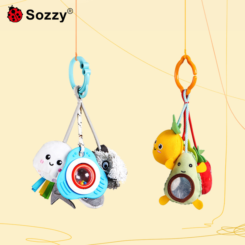 SOZZY Colgante de frutas con sonido de pájaros, mordedor, juguete colgante para cochecito, móvil para cuna, sonajero colgante para cama, colgante de espejo de seguridad