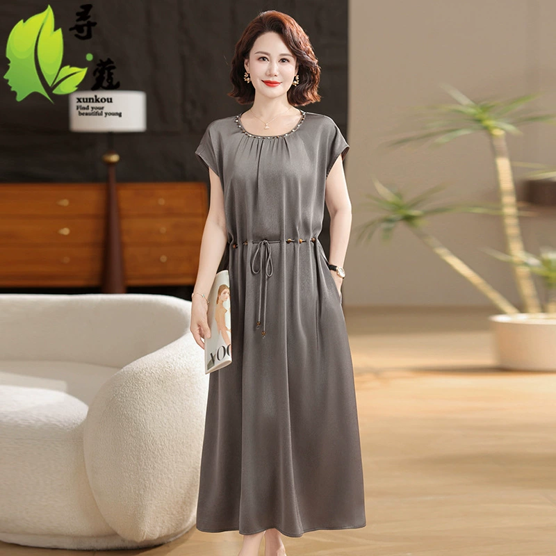 Модное атласное платье для мам среднего и пожилого возраста, элегантное и стильное платье для женщин 40-60 лет, платье длиной до колена.