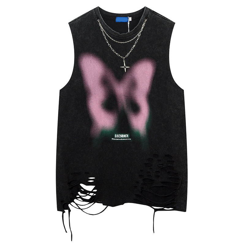 YPRS Men's American Style Original National Tide Faded Butterfly Cut Ripped Hole Belt Chain High Street Sleeveless T-Shirt Vest for Men and Women
