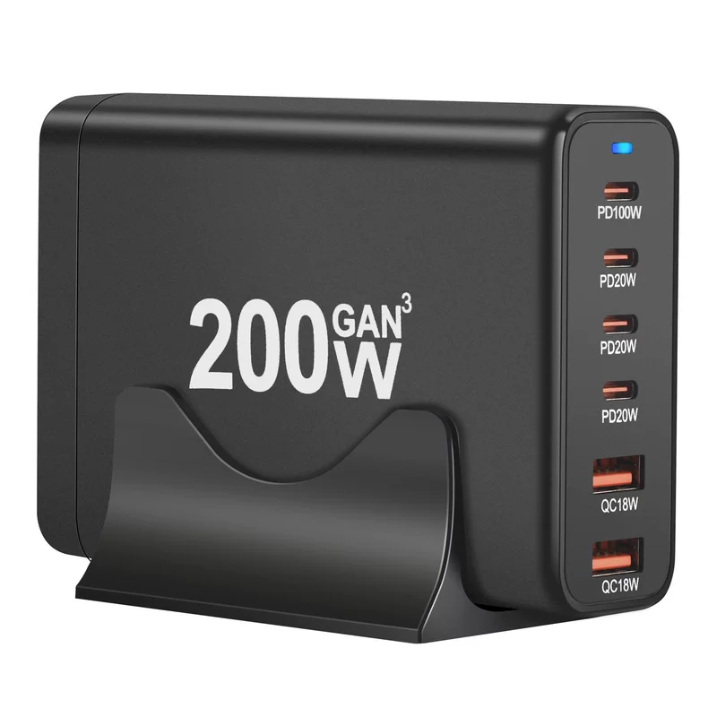 Зарядное устройство GaN на 200W, многоразъемное PD/QC USB-C & USB-A, сменные-plug варианты (US/EU/UK/AU)