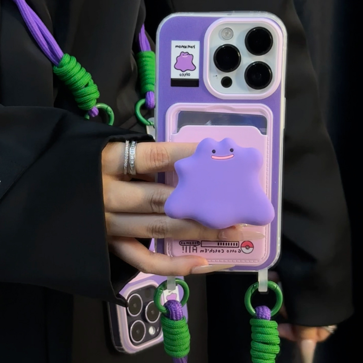 Lanyard Card Holder Mobile Phone Case Purple Little Monster Suitable for Apple 17Pro Internet Celebrity Fashion Cute Bracelet Mobile Phone Case