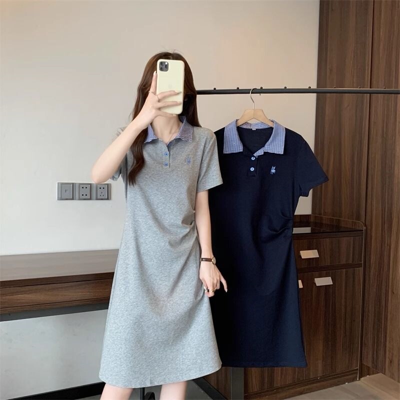 French-Style College-Style Collared Short-Sleeved Dress for Women in Summer, Plus Size, Slimming, Casual Dress That Covers the Body
