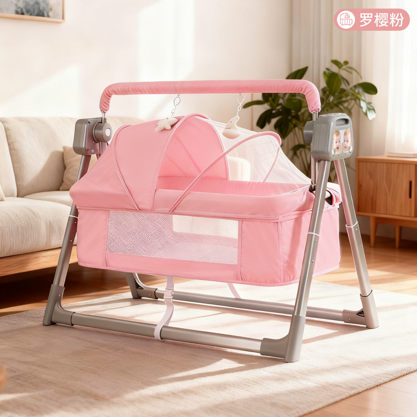 Portable Crib with Mosquito Net, Adjustable Mobile Electric Multifunctional Baby Bed, Newborn Splicing Bed