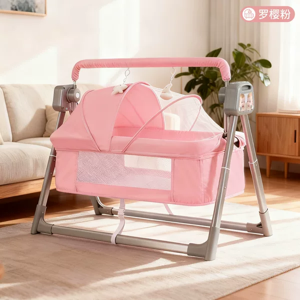 Portable Crib with Mosquito Net, Adjustable Mobile Electric Multifunctional Baby Bed, Newborn Splicing Bed