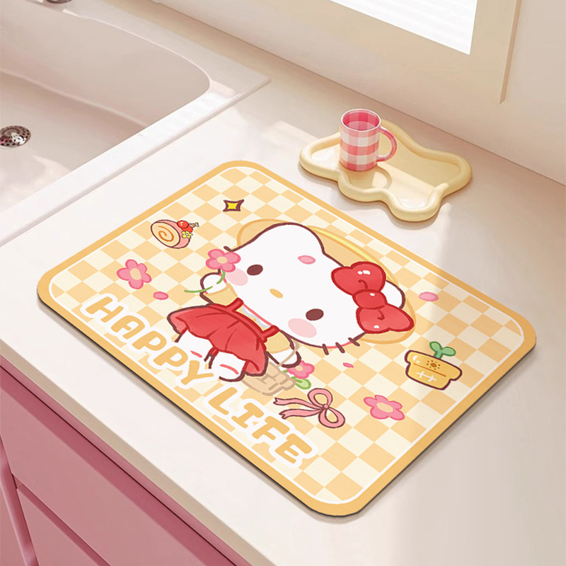 HelloKitty-노란색과 흰색 체크무늬 + 규조토 진흙 사각 둥근 모서리 배수 매트