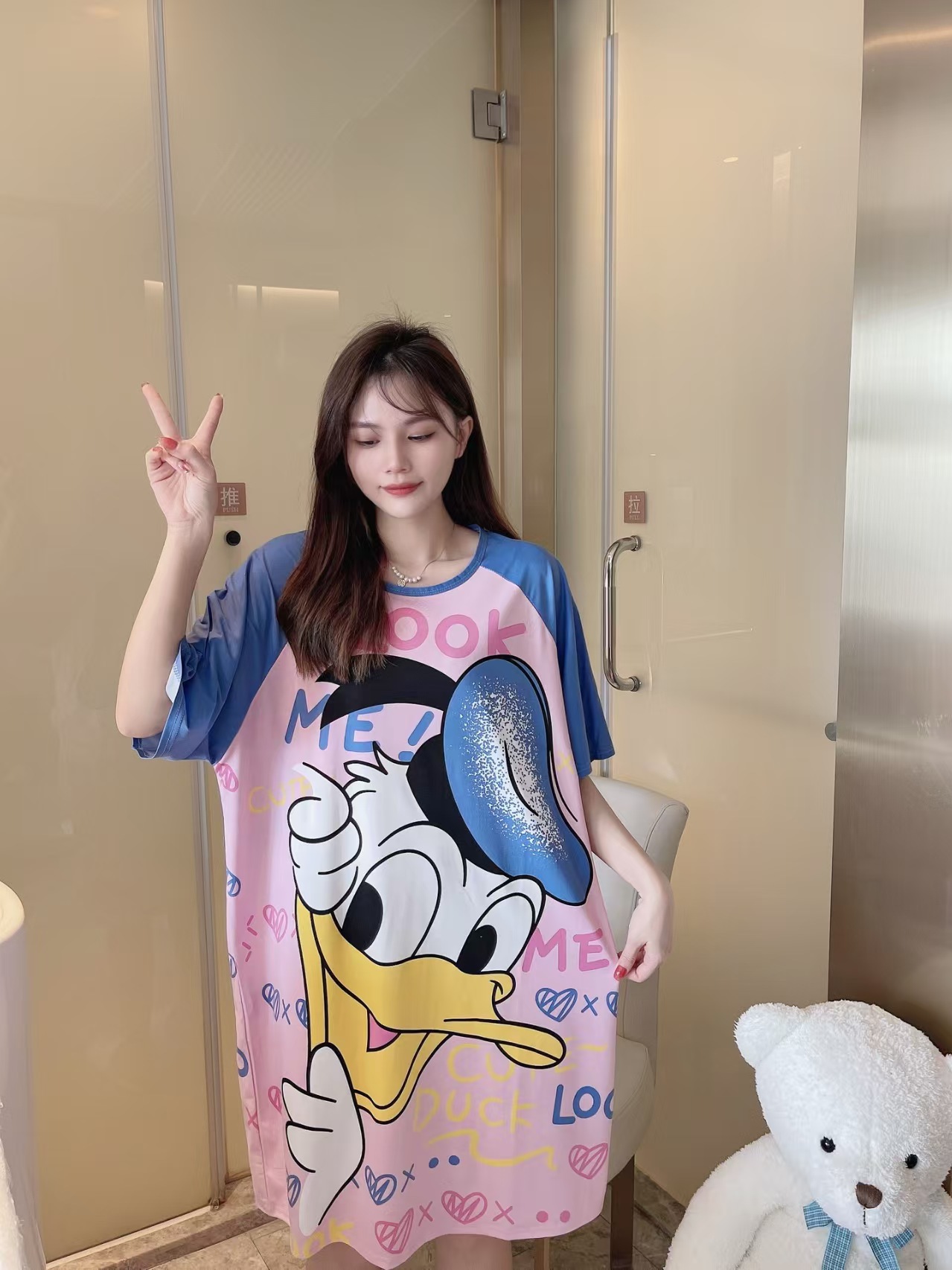 Spot falda de mujer viento perezoso talla grande camisón de mujer manga corta suelta y cómoda cuello redondo lindo vestido de casa con estampado de dibujos animados