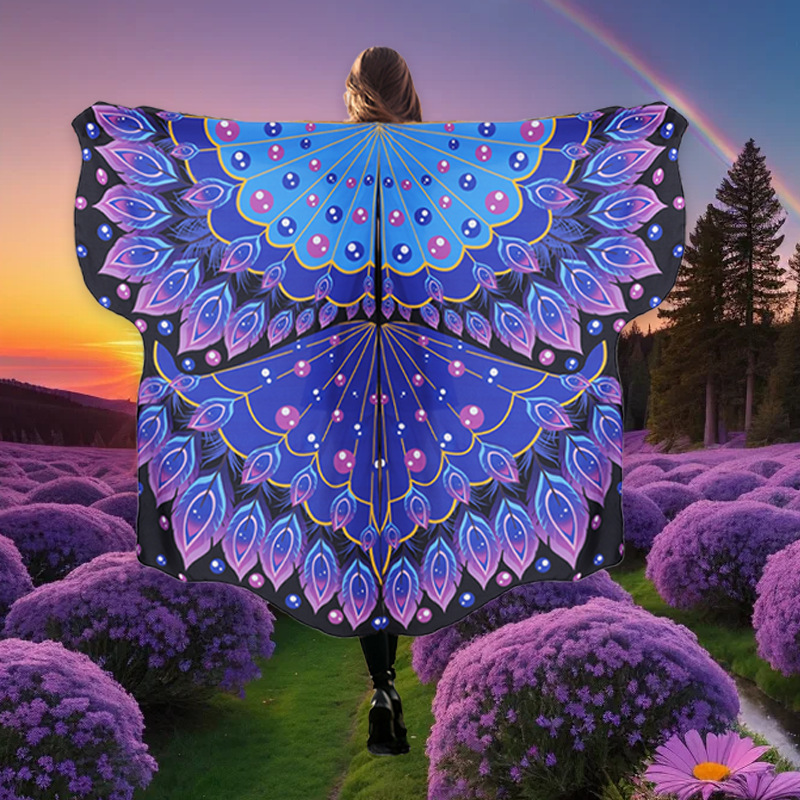 Pavo estrellado pantalla abierta capa de plumas alas capa impresión digital giratoria capa de punto accesorios de baile