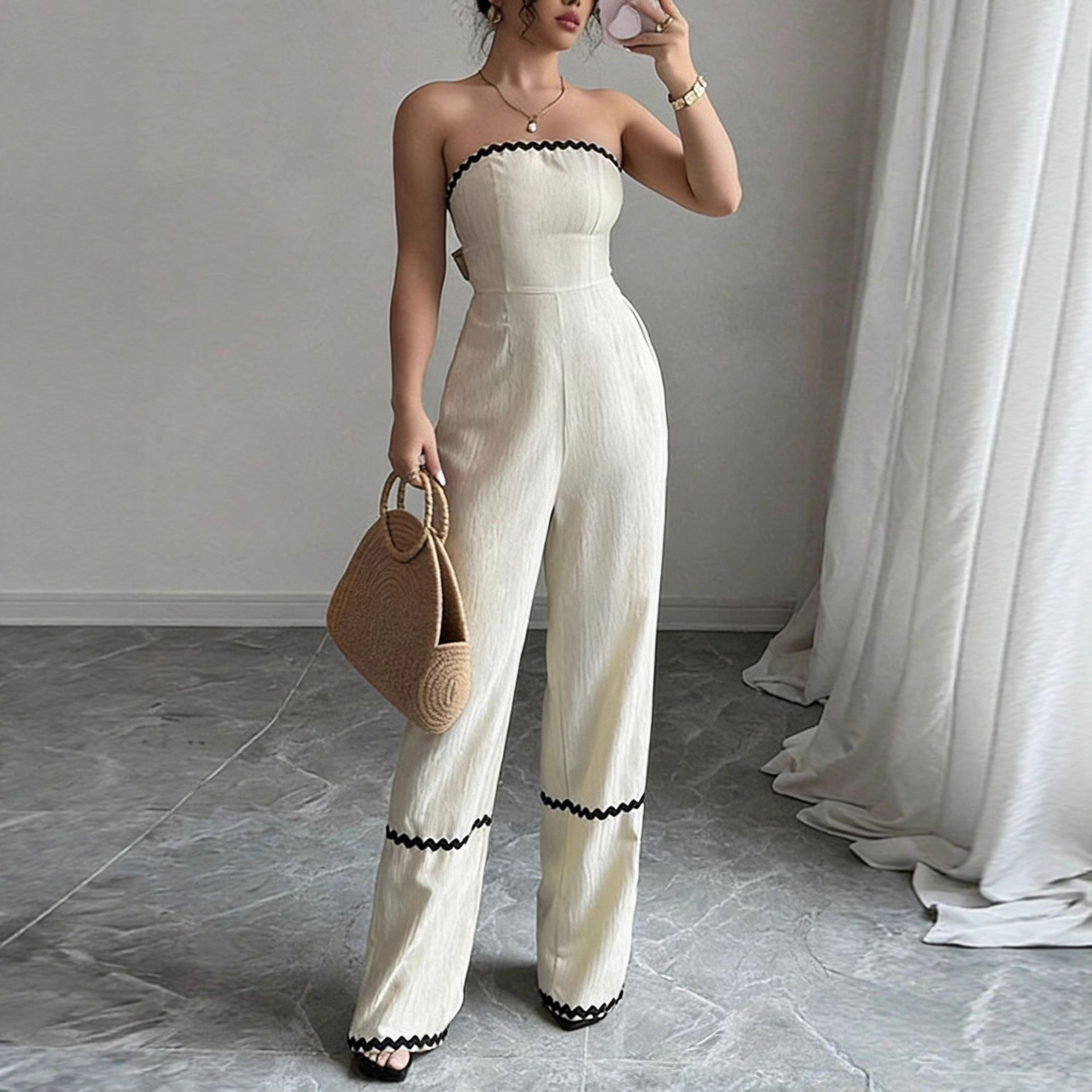Casual American New Style 2025 Tube Top Backless Lace-Up Women's Elegant Fashionable Color Matching Summer Jumpsuit Export