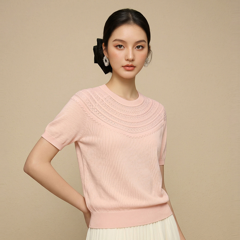 European Design Hollow-Out Short-Sleeve Top 2026 Summer New Solid Color Elegant Round-Neck Fashion Long-Sleeve Knitwear European Design Hollow-Out Short-Sleeve Top 2026 Summer New Solid Color Elegant Round-Neck Fashion Long-Sleeve Knitwear