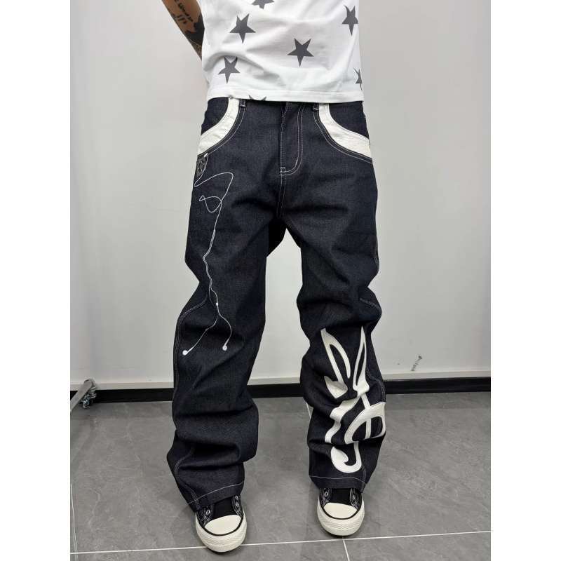 American-style high-street musical note patchwork embroidered flared jeans, unisex, washed and color-blocked, versatile, loose-fitting, niche wide-leg pants, trendy