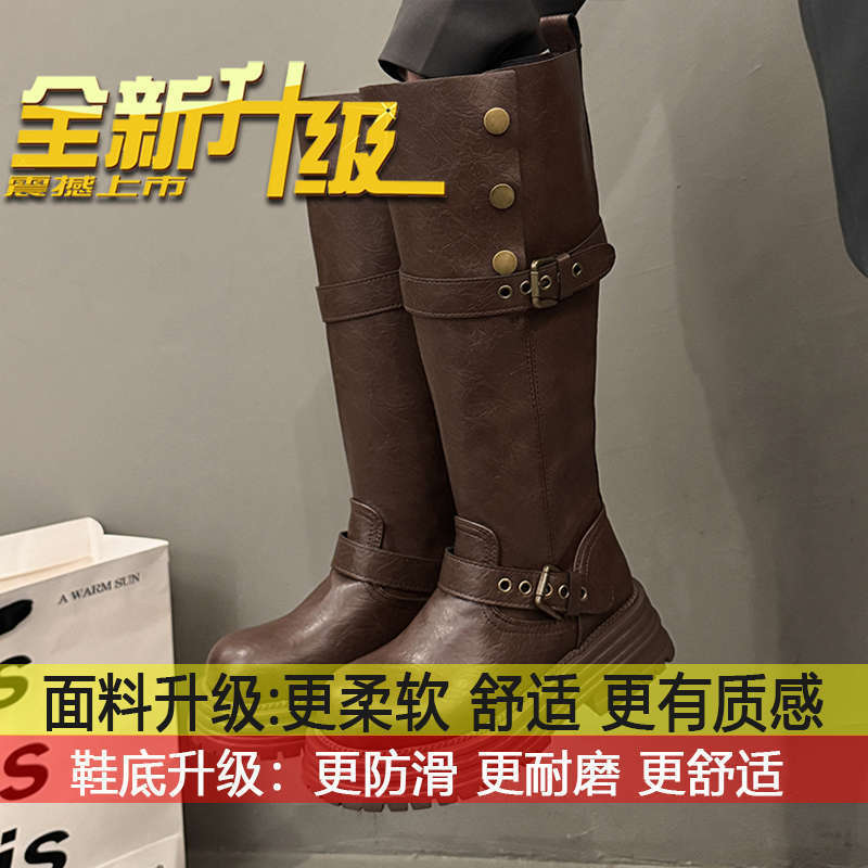 不过膝增高骑士靴子女2025新款秋季棕色复古英伦风粗跟厚底长筒靴|undefined