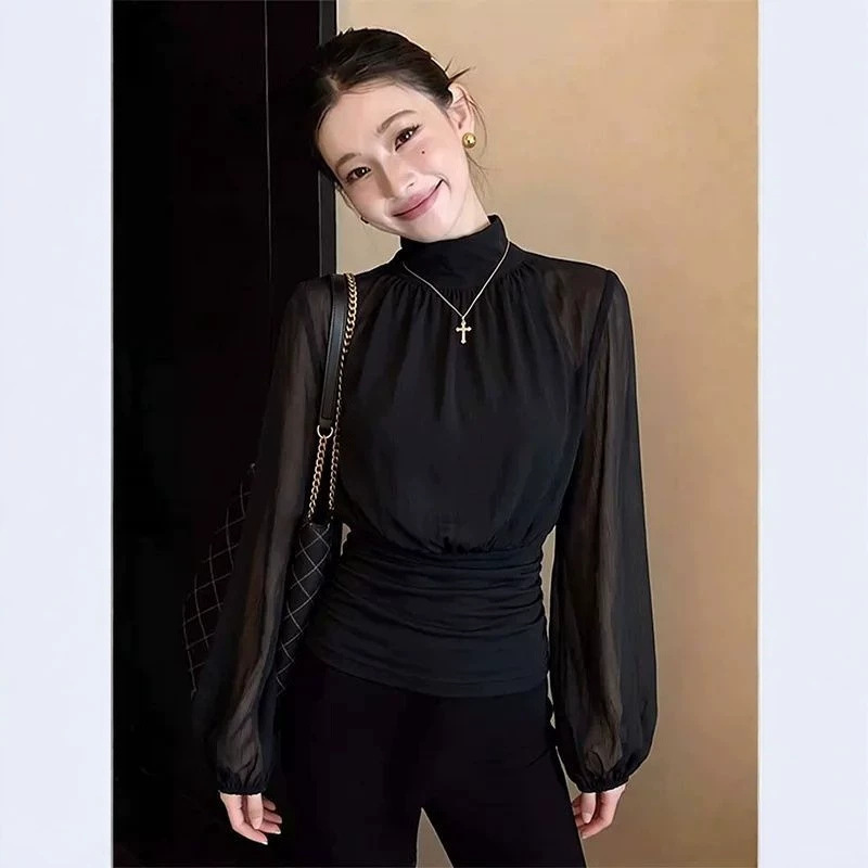 Elegant Korean-style black turtleneck chiffon mesh patchwork long-sleeve top for women, autumn waist-cinching chic T-shirt Elegant Korean-style black turtleneck chiffon mesh patchwork long-sleeve top for women, autumn waist-cinching chic T-shirt
