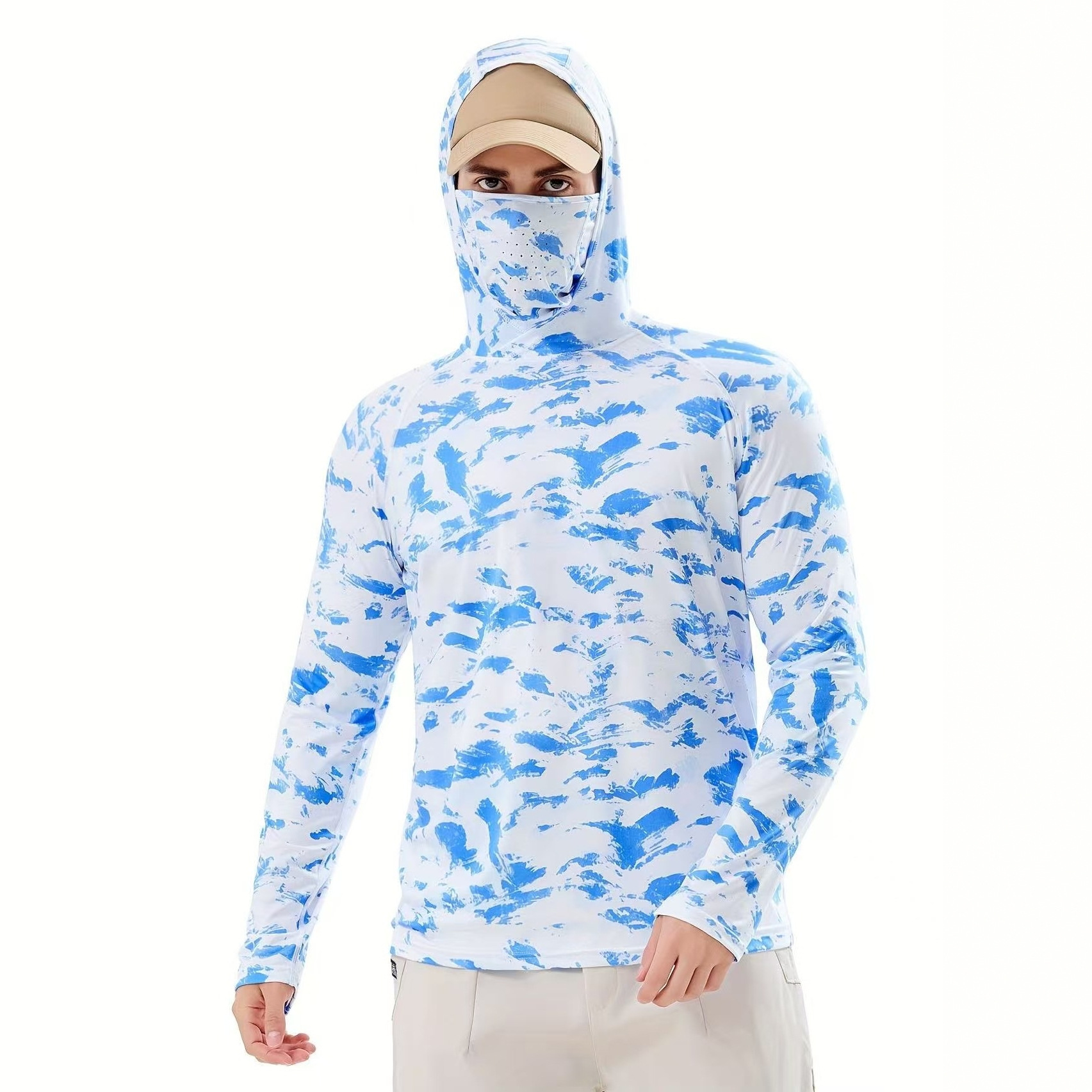 European and American Style Spring and Autumn Sun-Protection Quick-Dry Camouflage Men's T-Shirt, Ice Silk Breathable Hooded Mask Top, Cross-Border Outdoor Fishing Clothing