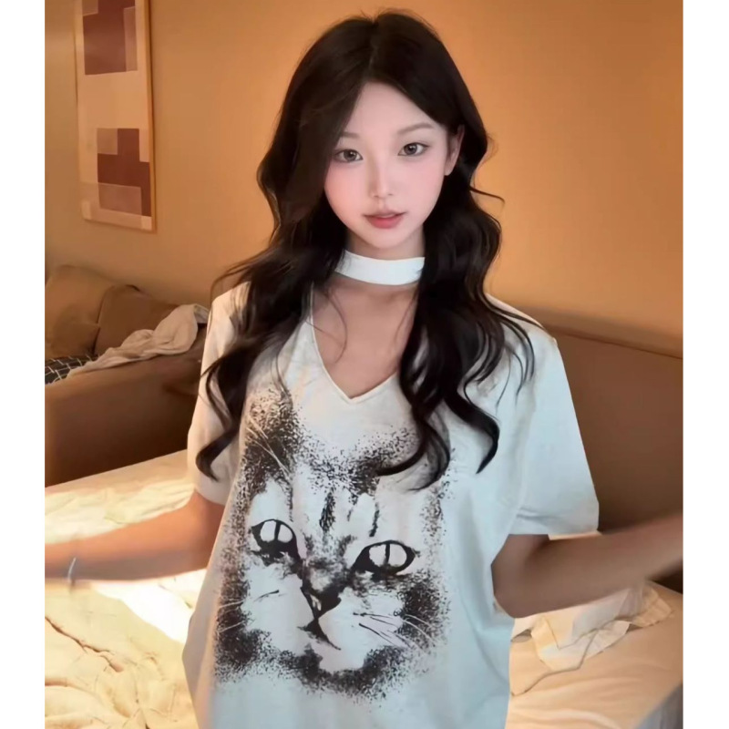 美式复古重磅水墨猫脸印花短袖t恤女夏2025新款宽松v领慵懒风上衣|undefined