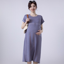 孕妇连衣裙夏季外出哺乳条纹新款短袖产后喂奶长裙春夏装宽松孕期