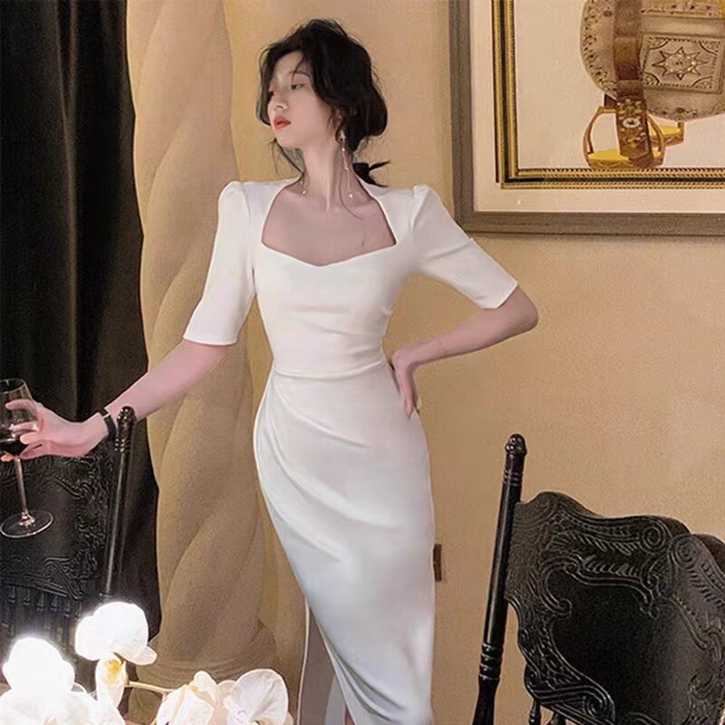 TZ1178 White Square Collar Split Summer Dress 2022 Niche Private Dress Fashion Trend High Set New Dress