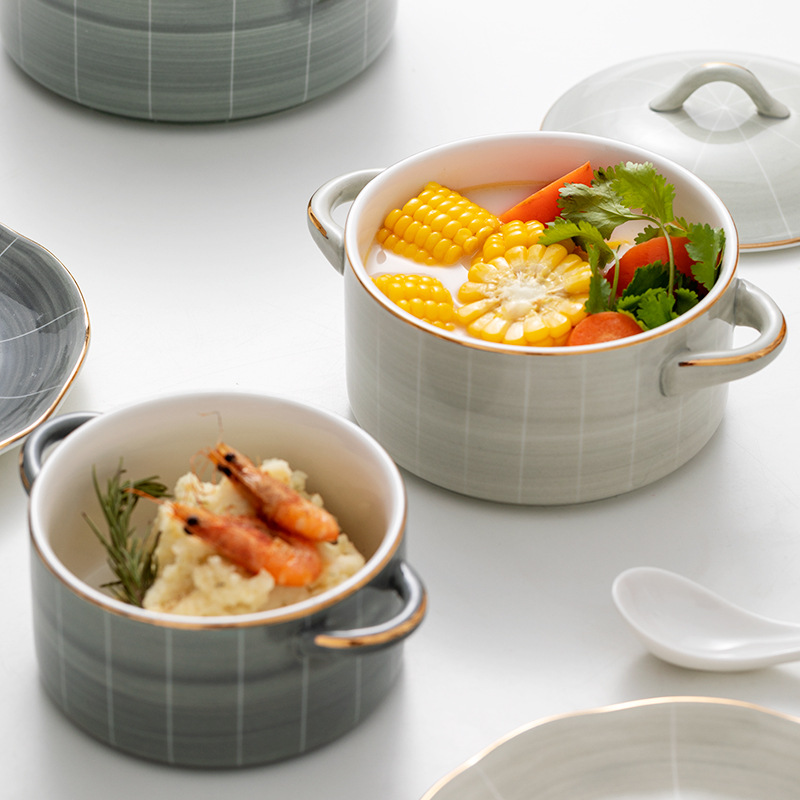 Tazón de sopa de doble oreja de cerámica con tapa tazón de ensalada de fideos instantáneos Luz de lujo personalizado hogar tazón grande nórdico borde dorado image 4