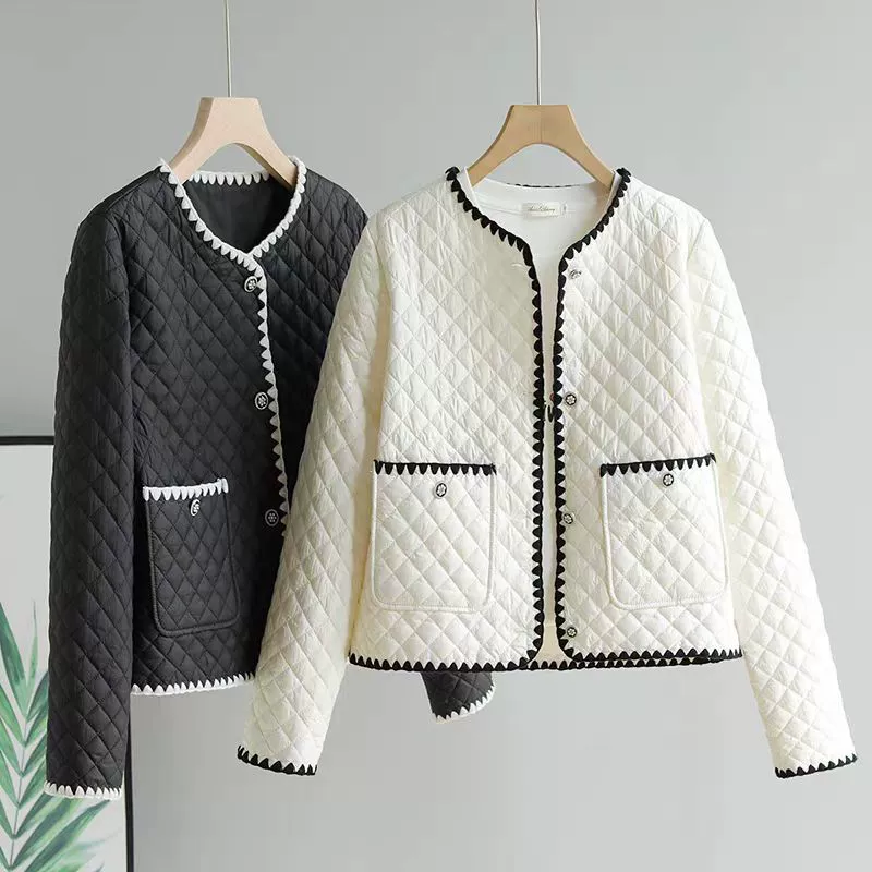 Стеганое хлопковое пальто в стиле Chanel для женщин, новая осенне-зимняя куртка из хлопкового пуха, элегантное укороченное пальто на хлопковой подкладке, универсальная верхняя одежда без воротника.