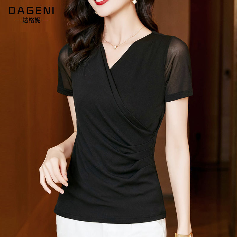 ファッショナブルなメッシュ半袖 Tシャツ女性のための夏 2024 新しいスタイルスリムフィット Tシャツママの夏のトップ|undefined