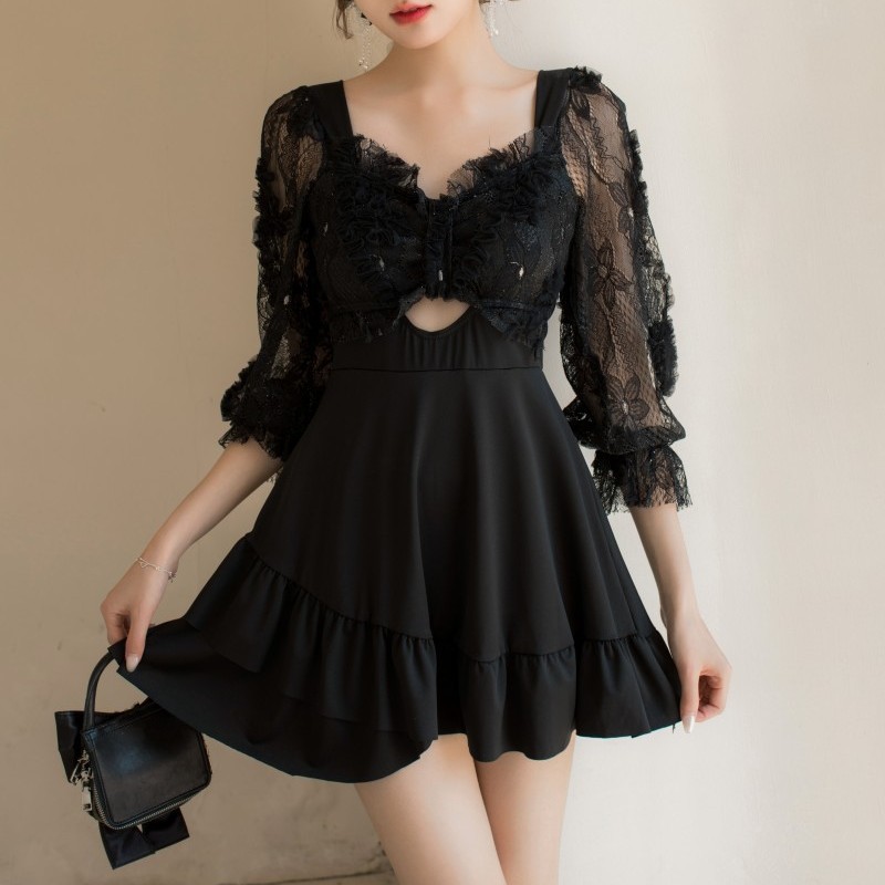 Traje de baño de las mujeres nueva manga larga ins estilo vestido de una pieza sexy encaje cintura alta adelgazamiento traje de baño de vacaciones de primavera caliente