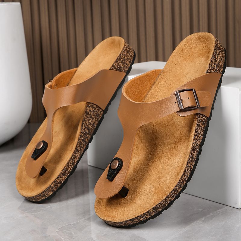 Buckle Casual Shoes with Cork Soles, Trendy Flip-Flops, Fashionable Slippers, Leather Slippers for Going Out, New Home Slippers