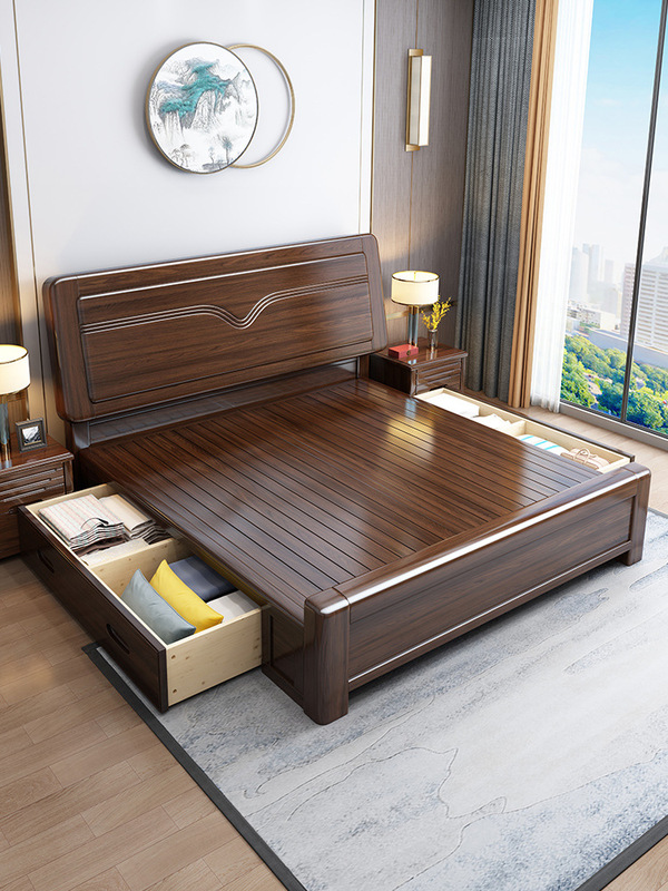Golden Sandalwood New Chinese Double Bed 2.0 m x 2.2 m Master Bedroom 1.8 m Simple Storage Thickened Solid Wood Big Bed