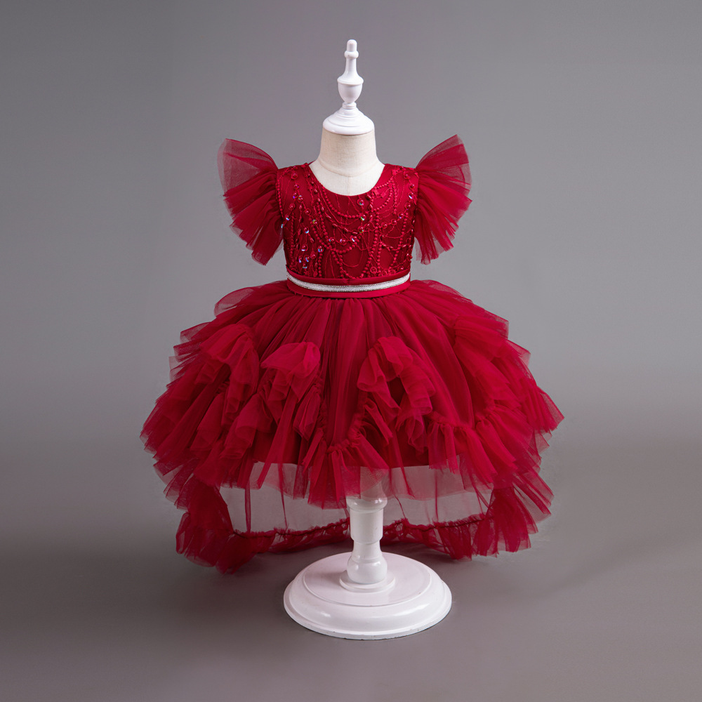 Cross-border Children's Evening Gown: Flowy Resort Style, Flared Sleeves, Long Train, Multi-Style Design, with Pearls—Perfect for a Casual Princess Look