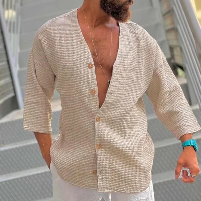 Foreign trade summer waffle solid color casual cardigan loose casual retro men's three-quarter sleeve shirt plus size in stock