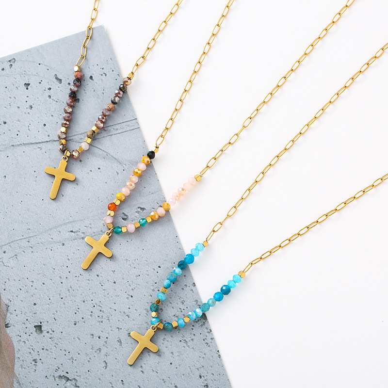 Women'S Gender Ethnic Style Cross Stainless Steel Beaded Plating 14k Gold Plated Pendant Necklace