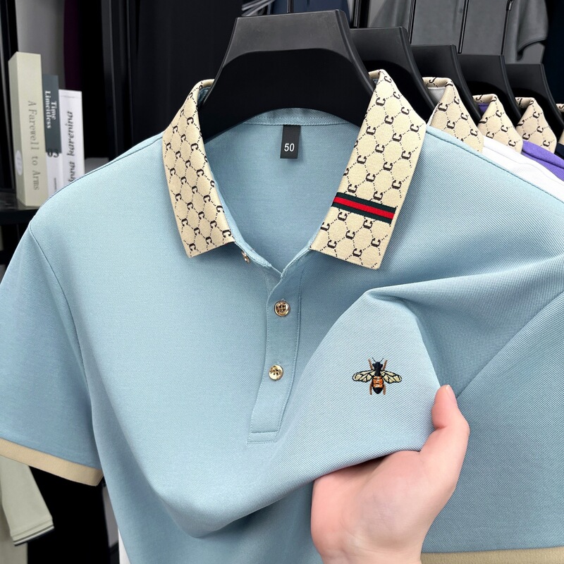 Fashionable Luxury Bee Embroidered Polo Shirt, New Summer Brand Short-Sleeve T-Shirt with Unique Letter Jacquard Collar Fashionable Luxury Bee Embroidered Polo Shirt, New Summer Brand Short-Sleeve T-Shirt with Unique Letter Jacquard Collar