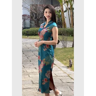 新中式女装蓝色蔷薇印花u型立领无袖旗袍连衣裙夏季修身国风裙子