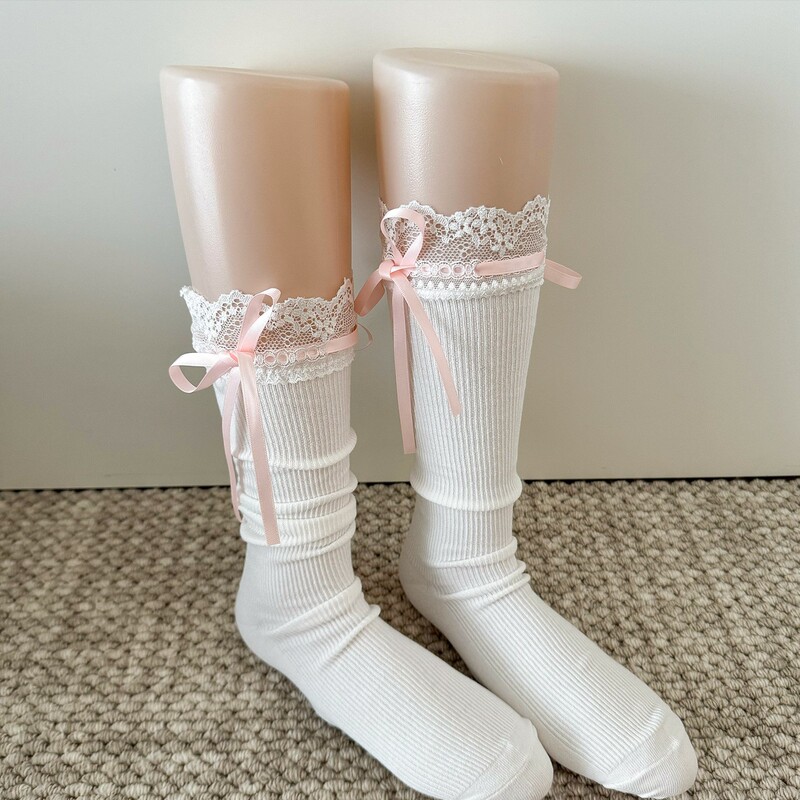 Spring and autumn sweet lace ruched calf socks, white lace-up girls' versatile mid-calf socks, summer slimming lace-up socks