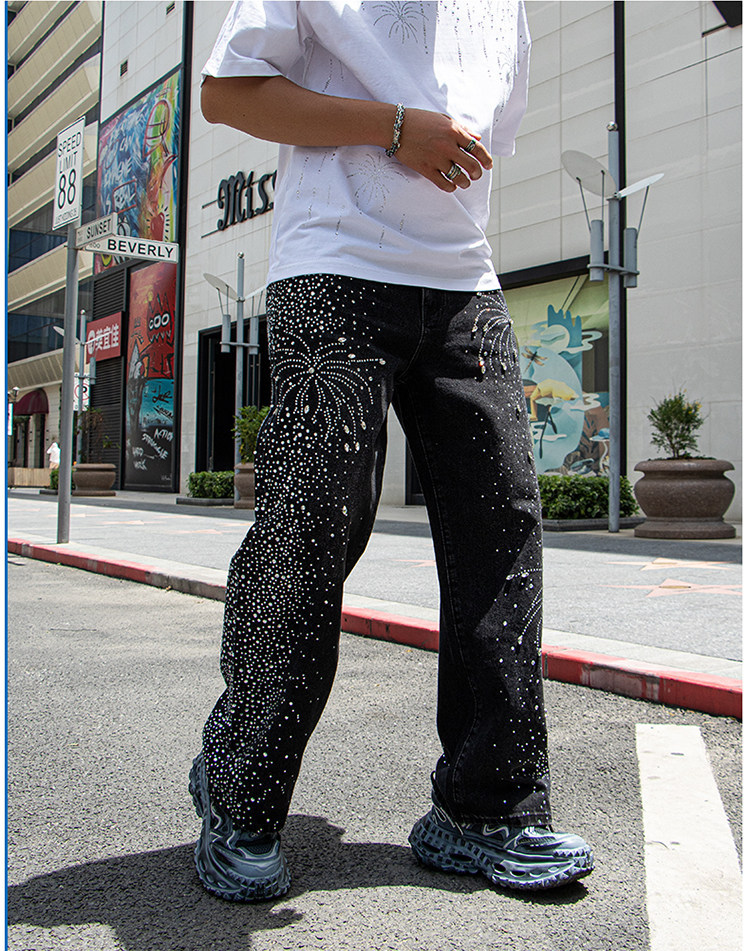 Men's Rhinestone Jeans Straight Leg Denim Pants Trendy Streetwear_voghion.com