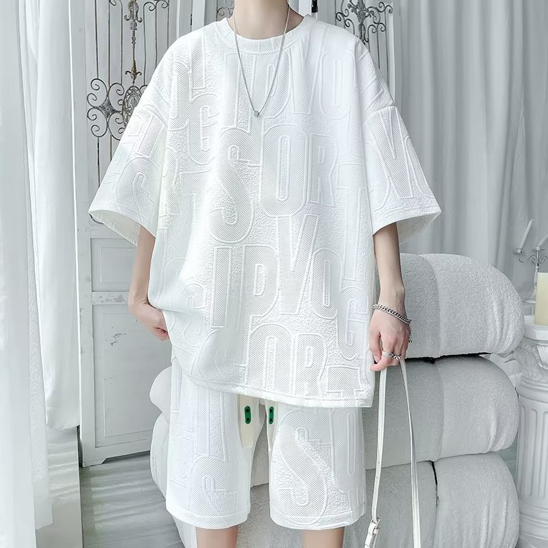 Waffle pesado traje de camiseta de cinco puntos para hombres ins Hong Kong estilo verano casual moda suelta pantalones de cinco puntos traje deportivo