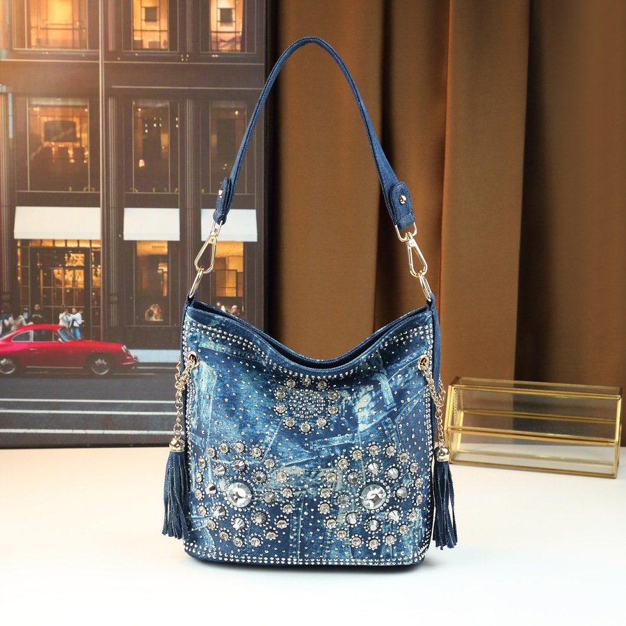 Borsa tote da donna in denim con decorazioni di strass, borsa a tracolla trendy in stile europeo e americano_voghion.com