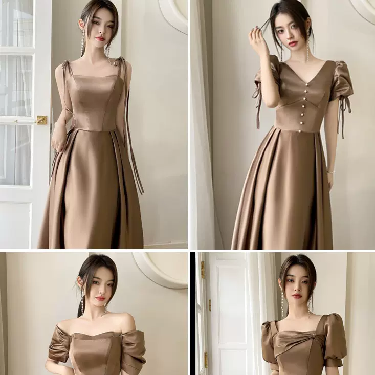 缎面伴娘服2025新款夏季长款小众高级感姐妹团年会宴会晚礼服裙女