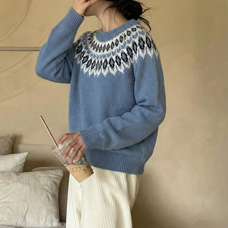 Amazon 2025 European and American Autumn and Winter New Style Fair Isle Ethnic Style Lazy Round Neck Long-Sleeved Pullover Sweater for Women