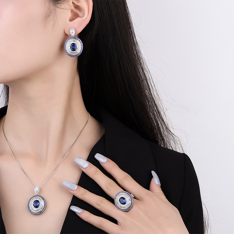 Trang joyería viva cobre plateado oro europeo y americano simulación color tesoro azul real brillante diamante mujeres colgante traje 8*10